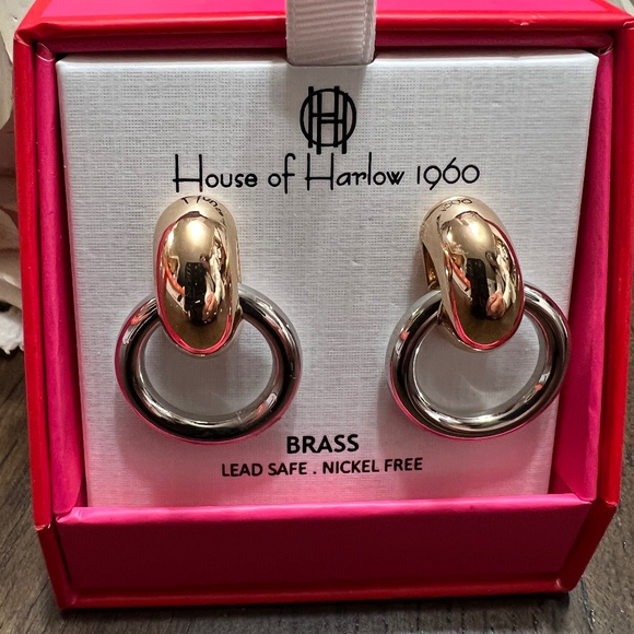 House Of Harlow 1960 Two Tone Gold Silver Tone Puffy Door Knocker Earrings - Picture 4 of 7